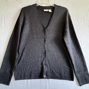 Fieldgear Cardigan Sweater Womens Large Black Silk Blend Button Up Metallic Knit